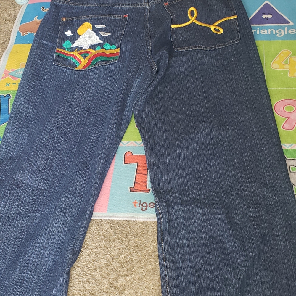 LRG Men's Dark Blue Bootcut Jeans with Colorful Embroidery